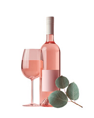 Pink wine bottle and glass with eucalyptus