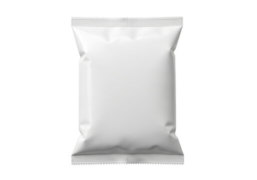 Stock blank white foil plastic packaging bag for chips, snacks, candy, and food mockup template ready for your design isolated on transparent background