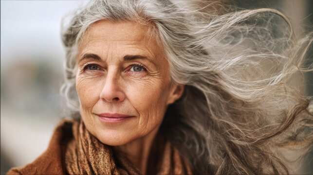 Elegant woman with flowing gray hair in natural outdoor setting exuding confidence and grace, showcasing the beauty of aging and natural wellness journey
