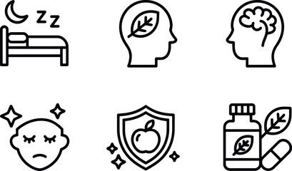 Set of six black and white line art icons depicting health sleep brain and wellness concepts vector