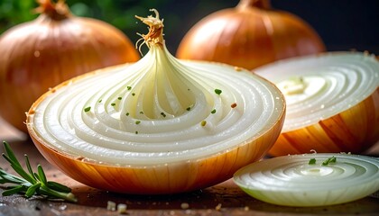 Close-up of halved and sliced onions with whole onions in background