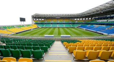 Empty Soccer Stadium with Green Yellow and Blue Seats and Pristine Field isolated on a transparent background