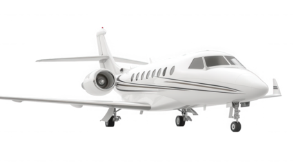 A sleek white private jet with visible engine and landing gear on a black background in an image on transparent background