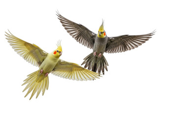 Obraz premium Two cockatiels flying together stock photo, bird photography, pet bird image, exotic bird, cockatiel illustration, bird clip art, png isolated on transparent background