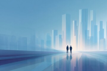 Fototapeta premium Two people silhouettes standing before modern city skyline with beautiful reflection in water. Friendship and dream concept against colorful gradient sky at sunset or sunrise.