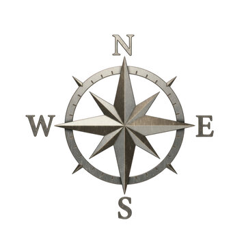 Detailed silver compass rose vector graphic, navigation tool, directional indicator, north south east west isolated on transparent background