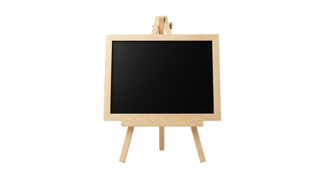 Wooden Easel Displaying a Blank Black Chalkboard isolated on a transparent background blackboard