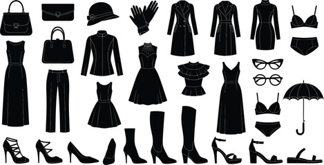 Black fashion clothing accessories vector illustration set design