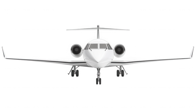 A front view of a white private jet with visible engines and wings on a black background plane on transparent background