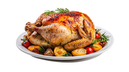 Whole roasted chicken with vegetables isolated on a transparent background