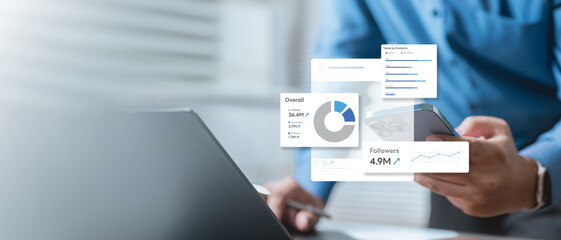 ads, budget, set, daily, caps, A businessman using smartphone and laptop analyzing social media advertising performance dashboard, showing audience growth, ad spend, and campaign analytics data.