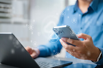 cloud, computing, storage, backup, data, A person using a smartphone and laptop with cloud data icons, representing online storage, data backup, and secure connection in modern business technology.