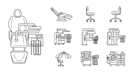Fototapeta premium dental equipment outline icons set depicting various patient chairs operator stools and clinical tools for modern dentistry.