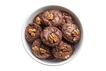 Delicious chocolate walnut cookies in a white bowl, freshly baked dessert, food photography, sweet treat, isolated on transparent background