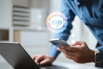 ai, artificial intelligence, machine, learning, Businessman using smartphone with AI chatbot icon, representing artificial intelligence, automation technology, and smart digital assistant innovation.