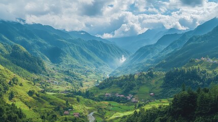 Mountain Valley Landscape with Village and Lush Green Fields