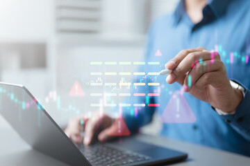 risk, volatility, market, investment, Business analyst reviewing digital financial data with...