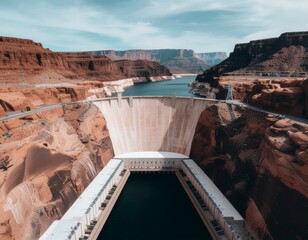 Majestic Hoover Dam colossal concrete structure holding back vast blue water amidst dramatic desert canyons under a bright sky