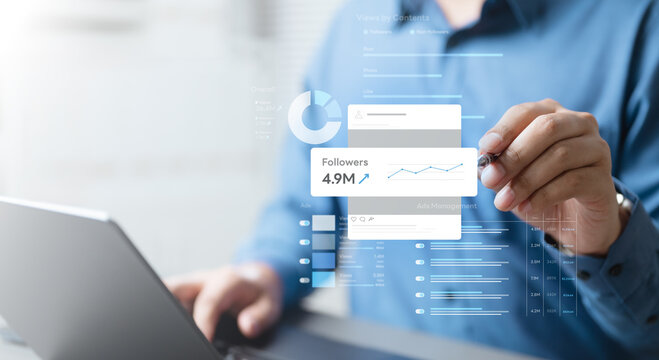 ads, analysis, marketing, analytics, Business analyst reviewing digital ads dashboard showing followers and performance data, representing marketing analytics, trend insight, and audience engagement. - Powered by Adobe