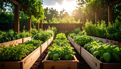 Lush Raised Garden Beds with Sunlit Herbs and Vegetables with Backyard Oasis.