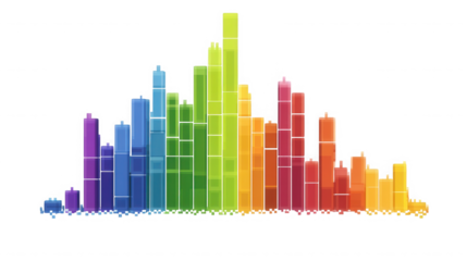 Colorful histogram showing data distribution with vibrant bars on transparent background