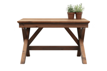 Rustic wooden table with plants in pots stock photo, farmhouse style furniture, home decor, isolated on transparent background