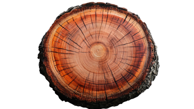 Wooden log slice with rings and bark isolated on a transparent background