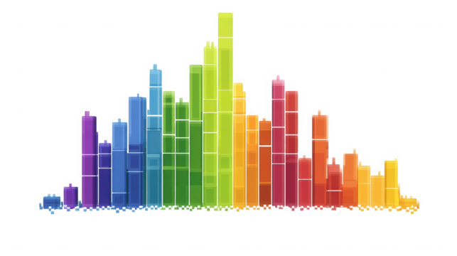 Colorful histogram showing data distribution with vibrant bars on transparent background