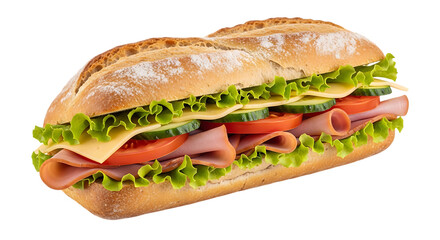 Long sandwich with ham cheese lettuce tomato and cucumber on a crusty bread roll isolated on a transparent background