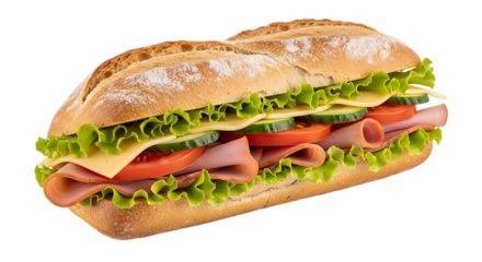 Long sandwich with ham cheese lettuce tomato and cucumber on a crusty bread roll isolated on a transparent background