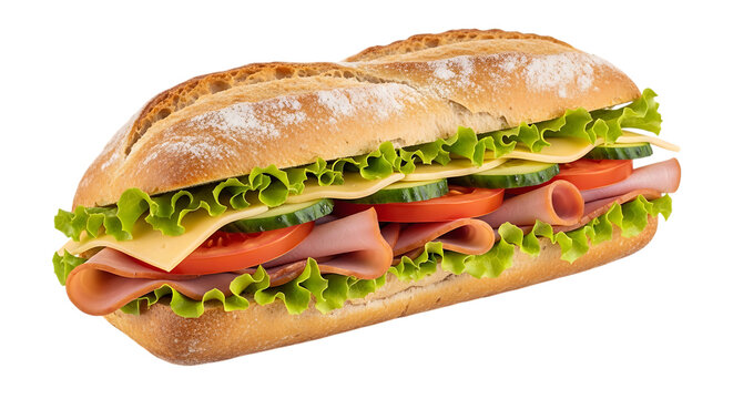 Long sandwich with ham cheese lettuce tomato and cucumber on a crusty bread roll isolated on a transparent background