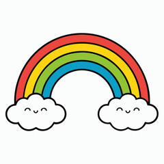 Cute kawaii rainbow with smiling clouds on a white background