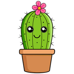 Adorable cartoon cactus with a pink flower and happy face in a pot