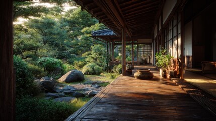 Fototapeta premium Tranquil Japanese Zen Garden View From Wooden Porch with Lush Greenery and Natural Light Illuminating Calm Atmosphere in Serene Rural Setting