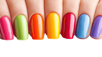 Vivid, colorful rainbow manicure on fingernails, close-up, skin visible
