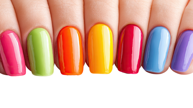 Vivid, colorful rainbow manicure on fingernails, close-up, skin visible