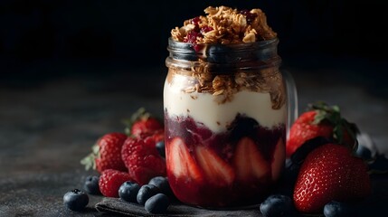 Layered fruit and yogurt parfait with granola in a mason jar surrounded by fresh berries