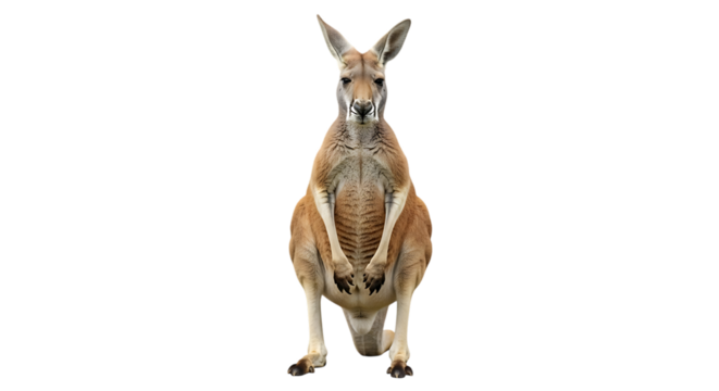 Red Kangaroo standing upright with front paws clasped and facing forward isolated on a transparent background