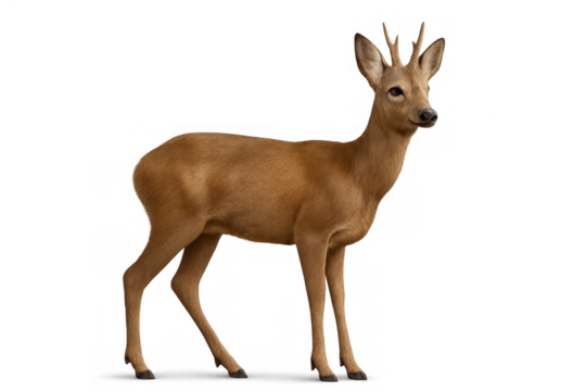 Roe deer buck standing looking forward, isolated on transparent background, wild animal in nature