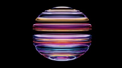 Abstract 3D Sphere with Colorful Stripes in Vibrant Shades of Purple, Orange, and Blue Against Black Background