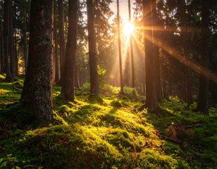 Fototapeta premium Forest scene at dawn, sunlight breaking through trees onto mossy ground
