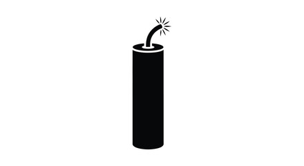 A simple black silhouette of a lit dynamite stick with a burning fuse and sparks isolated on a white background representing danger and explosion silhouette