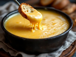 Close up of melted cheese fondue with bread dipped in creamy cheese in a rustic pot. Warm golden lighting creates a cozy and delicious food scene