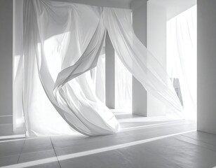 Airy, pristine room with billowing, white fabric panels; sunlight streams