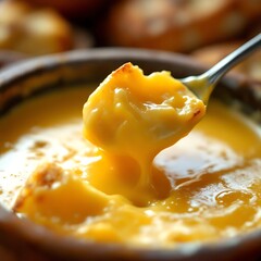 Close up of melted cheese fondue with bread dipped in creamy cheese in a rustic pot. Warm golden lighting creates a cozy and delicious food scene