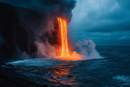 A lava fountain shooting into the sky from a mid-ocean volcano