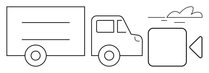Delivery truck with a camera icon, cloud, and motion lines implying logistics, transport, video recording, streaming, technology, surveillance, shipping and digital monitoring in simple flat