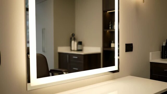 Interior of Modern Barbershop with Illuminated Mirror