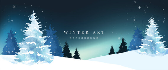 Bright winter landscape vector background with moonlit snowy hills and pine trees, tranquil seasonal artwork for prints and web