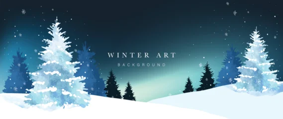 Fototapete Pol Bright winter landscape vector background with moonlit snowy hills and pine trees, tranquil seasonal artwork for prints and web  © TWINS DESIGN STUDIO